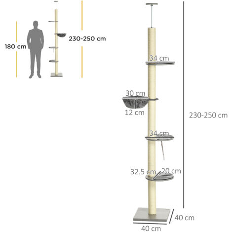 PawHut 250cm Floor to Ceiling Cat Tree with Hammock, Scratching Post
