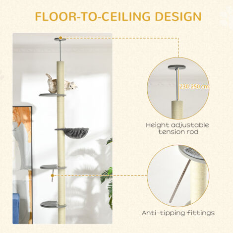 PawHut 250cm Floor to Ceiling Cat Tree with Hammock, Scratching Post