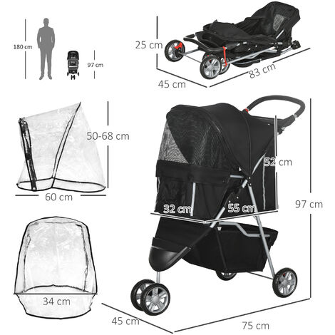 PawHut Pet Travel Stroller with Rain Cover, 3 Wheels Foldable Cat Dog Pushchair