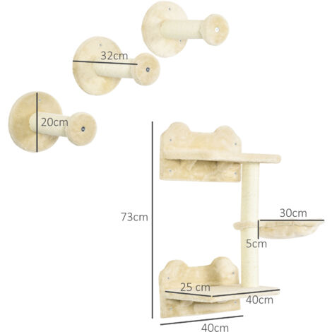 PawHut 4PCs Cat Shelf Cat Wall Furniture Wall-Mounted Cat Tree Scratching Post Beige