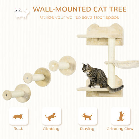 PawHut 4PCs Cat Shelf Cat Wall Furniture Wall-Mounted Cat Tree Scratching Post Beige