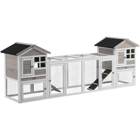 PawHut 2 in 1 Rabbit Hutch, Guinea Pig Hutch Outdoor w/ Run & Tray, Grey (1/5)