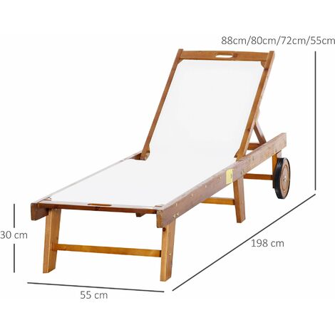 Outsunny Outdoor Texteline Chaise Sun Lounger Acacia Wood Bed Recliner w/ Wheels