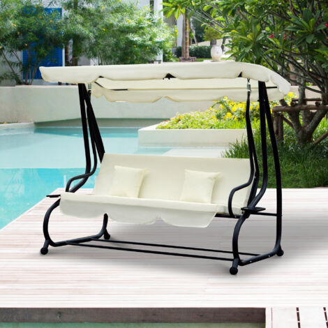 Outsunny 3 Seater Swing Chair for Outdoor w/ Adjustable Canopy Cream White