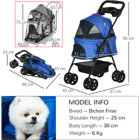 PawHut Dog Stroller with Rain Cover EVA Wheels Brake Basket Adjustable Canopy