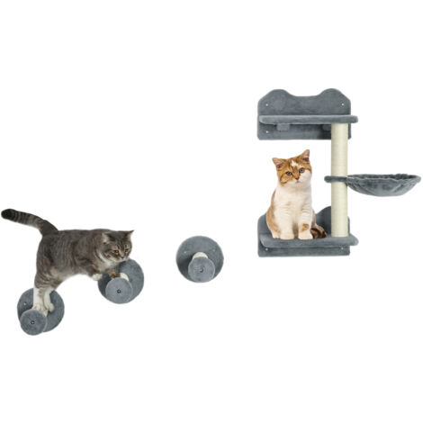 PawHut 4PCs Cat Shelf Cat Wall Furniture Wall-Mounted Cat Tree Scratching Post Grey