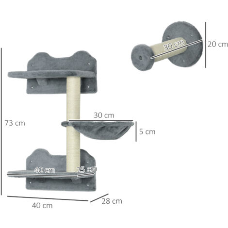 PawHut 4PCs Cat Shelf Cat Wall Furniture Wall-Mounted Cat Tree Scratching Post Grey