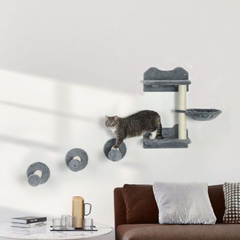 PawHut 4PCs Cat Shelf Cat Wall Furniture Wall-Mounted Cat Tree Scratching Post Grey