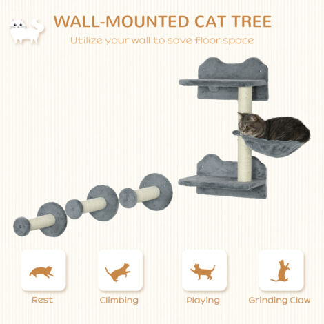 PawHut 4PCs Cat Shelf Cat Wall Furniture Wall-Mounted Cat Tree Scratching Post Grey