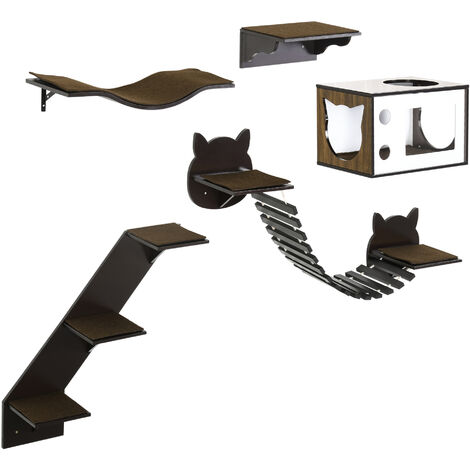 PawHut 5 Piece Cat Wall Shelves, Wall-Mounted Cat Tree for Indoor Use - Brown