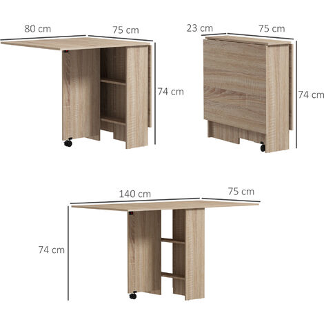HOMCOM Mobile Drop Leaf Dining Table Folding Desk w/ 2 Wheels Natural