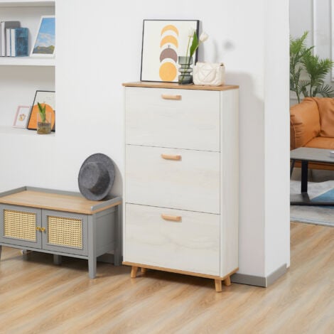 HOMCOM Slim Shoe Storage Cabinet with 3 Drawers and Adjustable Shelves for Hallway Cream