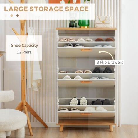 HOMCOM Slim Shoe Storage Cabinet with 3 Drawers and Adjustable Shelves for Hallway Cream
