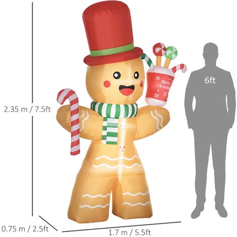 HOMCOM 7.5ft Christmas Inflatables Gingerbread Man with Candy Cane LED Lights