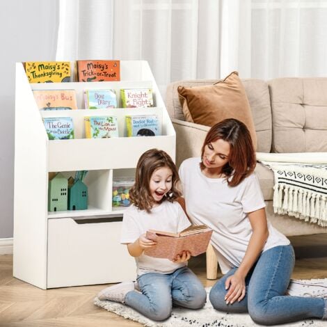 HOMCOM Kids Bookshelf Bookcase with Storage Drawer with Wheels Toy Organiser White