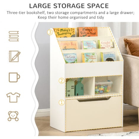 HOMCOM Kids Bookshelf Bookcase with Storage Drawer with Wheels Toy Organiser White