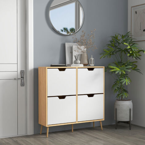 HOMCOM Shoe Storage Cabinet with 4 Flip Drawers for 16 Pairs of Shoes Natural