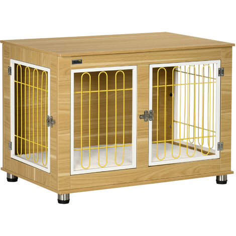 PawHut Dog Crate Furniture End Table w/ Soft Cushion, Double Door Oak