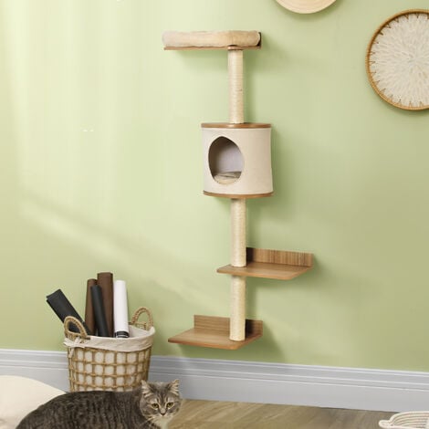 PawHut Wall-Mounted Cat Tree Shelter w/ Cat House, Bed, Scratching Post ...