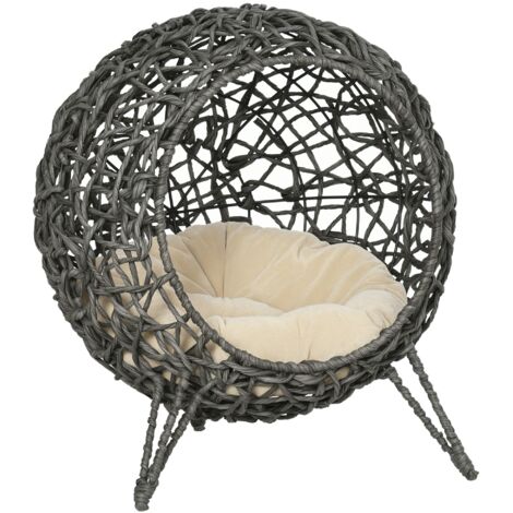 PawHut Wicker Cat House, Ball-Shaped Rattan Raised Cat Bed Grey