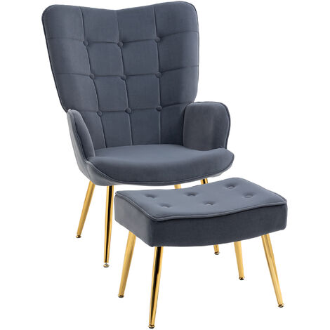HOMCOM Button Tufted Armchair with Footstool and Gold Tone Steel Legs Dark Grey