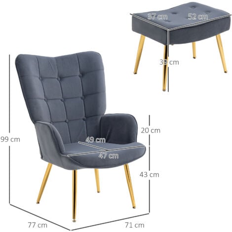 HOMCOM Button Tufted Armchair with Footstool and Gold Tone Steel Legs Dark Grey