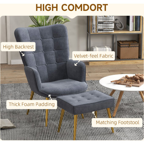 HOMCOM Button Tufted Armchair with Footstool and Gold Tone Steel Legs Dark Grey