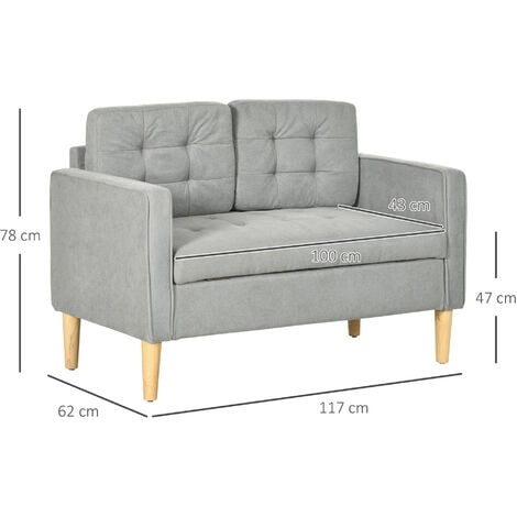 HOMCOM Compact Loveseat Sofa 2 Seater Sofa with Storage and Wood Legs Light Grey