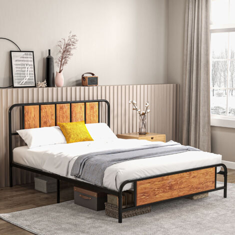 HOMCOM Bed Frame Steel Bed Base with Headboard Rustic Brown 160 x 207cm