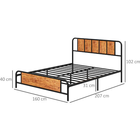 HOMCOM Bed Frame Steel Bed Base with Headboard Rustic Brown 160 x 207cm