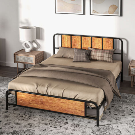 HOMCOM Bed Frame Steel Bed Base with Headboard Rustic Brown 160 x 207cm