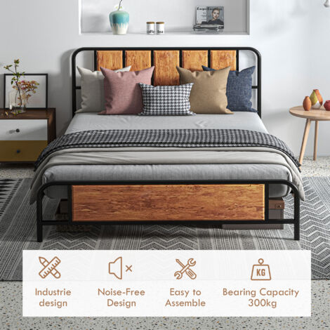 HOMCOM Bed Frame Steel Bed Base with Headboard Rustic Brown 160 x 207cm