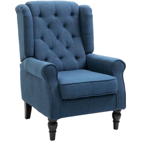 HOMCOM Accent Armchair Home Furniture Retro Tufted Club Wood Fabric Blue