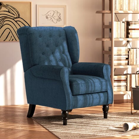 HOMCOM Accent Armchair Home Furniture Retro Tufted Club Wood Fabric Blue