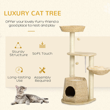 PawHut Cat Tree Activity Centre with Cattail Fluff Bed House Sisal Post Ball
