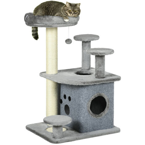 PawHut 92cm Cat Tree Tower with Scratching Posts, Mat, House, Bed, Toy - Grey