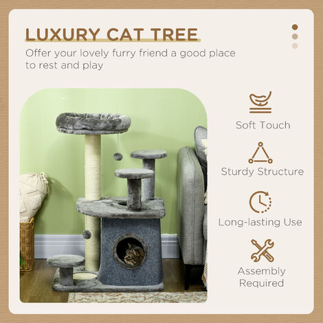 PawHut 92cm Cat Tree Tower with Scratching Posts, Mat, House, Bed, Toy - Grey