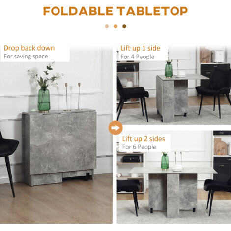 HOMCOM Folding Dining Table, Drop Leaf Table for Small Spaces with 2-tier Shelves, Small Kitchen Table with Rolling Casters Grey