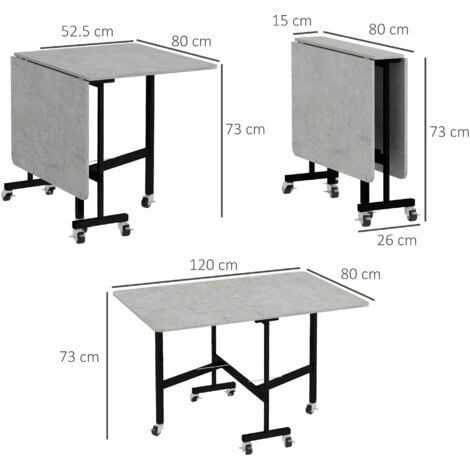 HOMCOM Drop Leaf Table, Folding Dining Table with Metal Frame, Rolling Kitchen Dining Table for Small Spaces, 120cm Grey