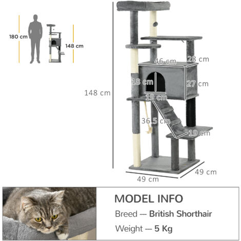 PawHut Cat Tree Tower for Indoor Cats with Scratching Post, House, Toy, Grey