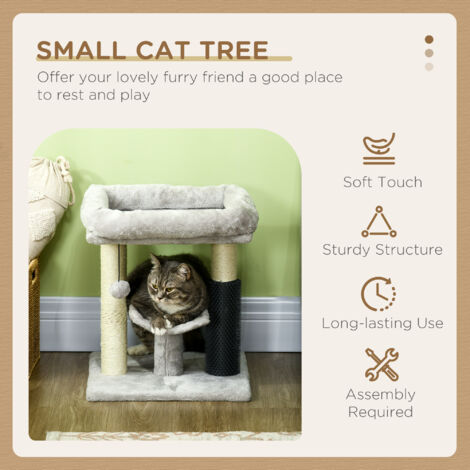 PawHut Small Cat Tree Tower w/ Scratching Posts, Bed, Perch, Self Groomer, Toy