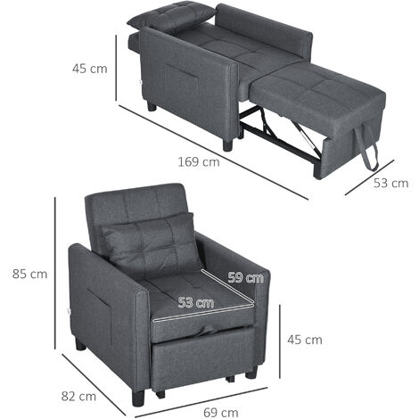 HOMCOM Folding Chair Bed, Fold Out Bed with Pillow and Side Pockets Dark Grey