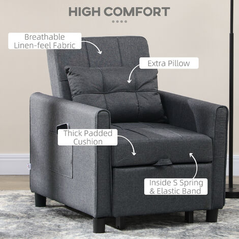 HOMCOM Folding Chair Bed, Fold Out Bed with Pillow and Side Pockets Dark Grey