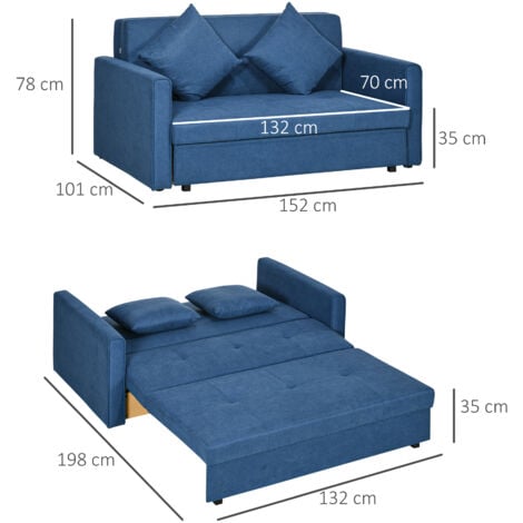 HOMCOM Convertible 2 Seater Sofa Bed with 2 Cushions Storage for Living Room Blue