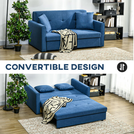 HOMCOM Convertible 2 Seater Sofa Bed with 2 Cushions Storage for Living Room Blue