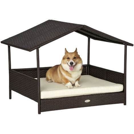 PawHut Rattan Dog House, Elevated Wicker Bed Lounge Removable Cushion and Canopy Cream