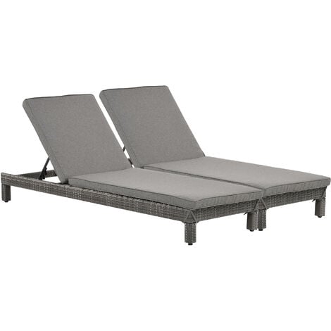 Outsunny Set of 2 Garden Rattan Wicker Sun Lounger Adjustable Chaise Relaxer Outdoor Pool Grey