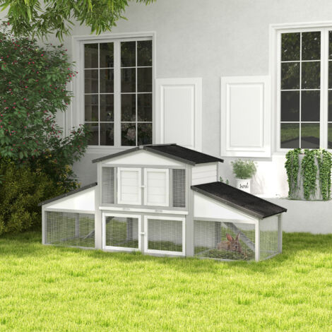 PawHut Rabbit Hutch, Bunny Cage with Tray & Ramp, Wooden Outdoor House, Grey
