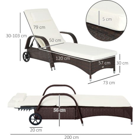 Outsunny Adjustable Wicker Rattan Sun Lounger Recliner Chair w/ Cushion Brown