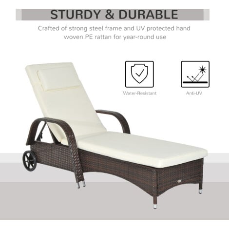 Outsunny Adjustable Wicker Rattan Sun Lounger Recliner Chair w/ Cushion Brown